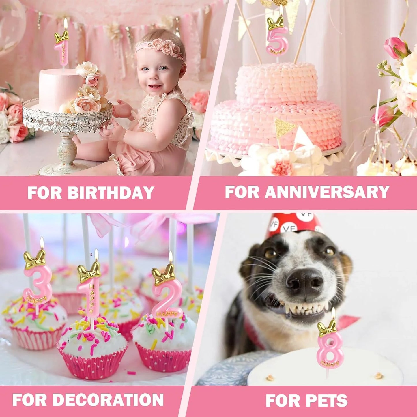 Glitter Number 0-9 Candles Cake Topper with Pink & Gold Bows for Kids