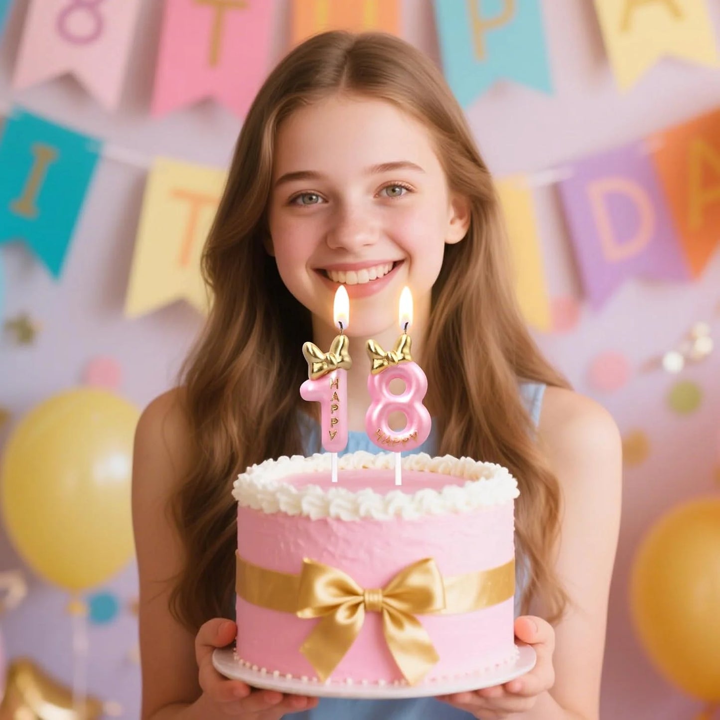 Glitter Number 0-9 Candles Cake Topper with Pink & Gold Bows for Kids