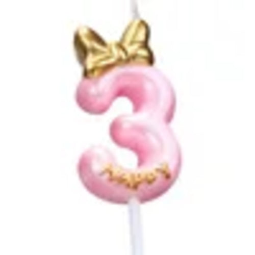 Glitter Number 0-9 Candles Cake Topper with Pink & Gold Bows for Kids