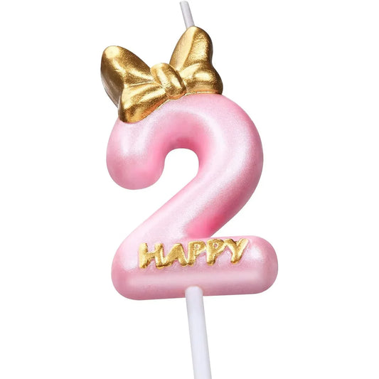 Glitter Number 0-9 Candles Cake Topper with Pink & Gold Bows for Kids