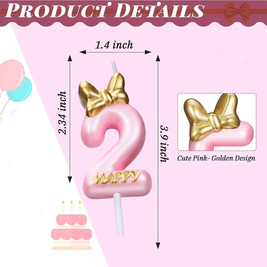 Glitter Number 0-9 Candles Cake Topper with Pink & Gold Bows for Kids
